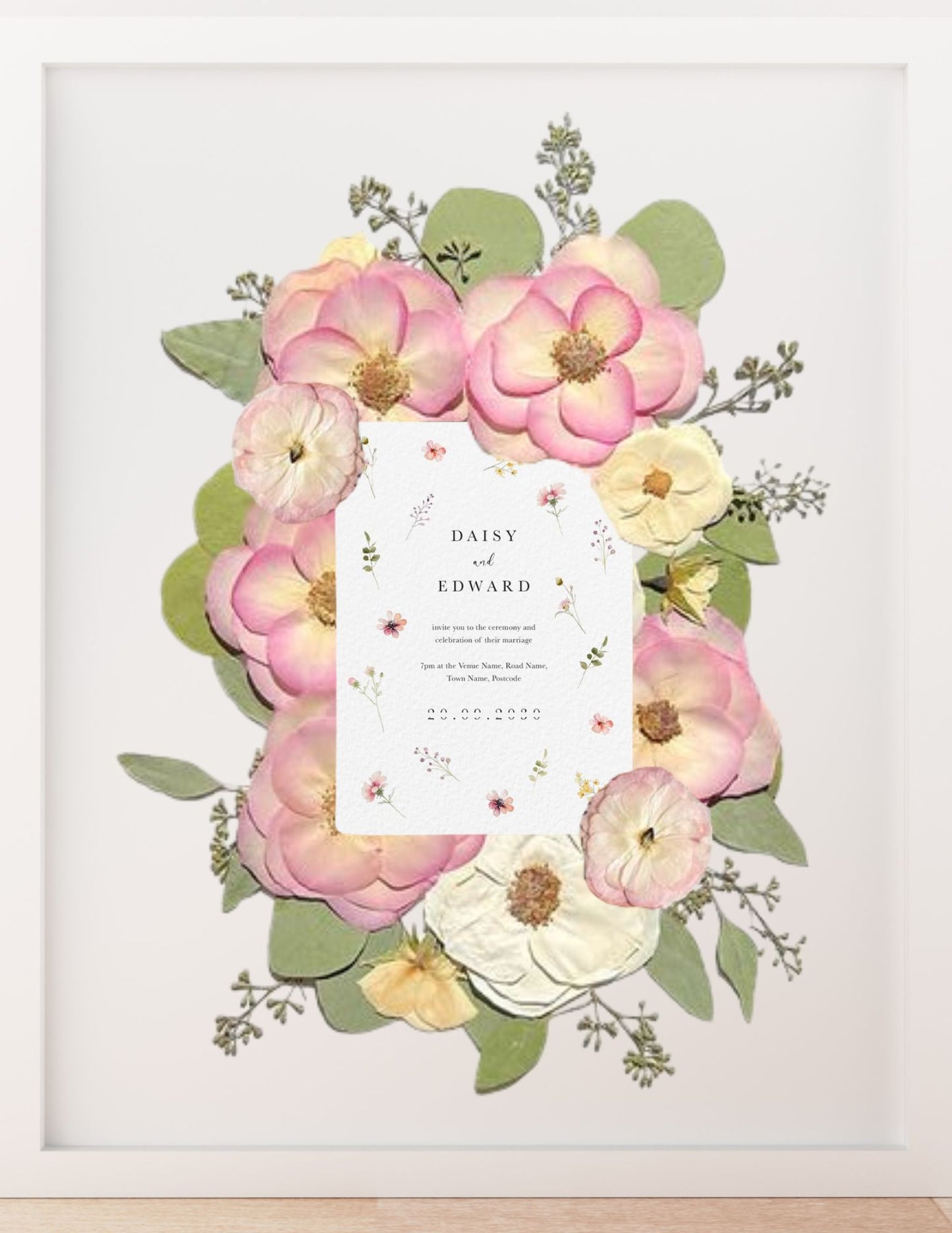 Framed pressed Bridal Flowers with invite included A3 size